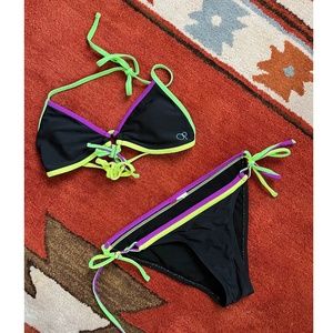 Vintage Y2K OP Ocean Pacific String Bikini 2pc Swimsuit Neon Black S M Surf